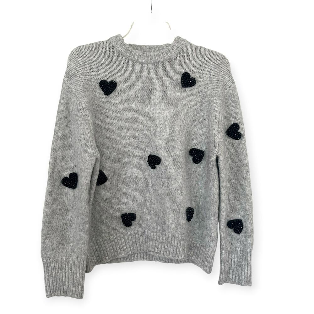 Zara Girls Grey Black Heart Embellished Sweater Y2K Preppy Grunge 13-14